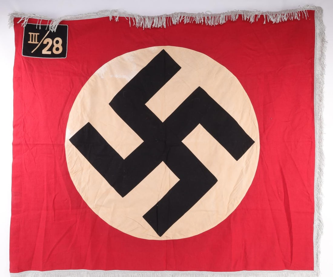 WWII GERMAN SS REGIMENTAL STANDARD FLAG: Very good original condition, some water stain to white in roundel, does not fluoresce, measures 54 X 46 inches, multi-piece, dual sided.