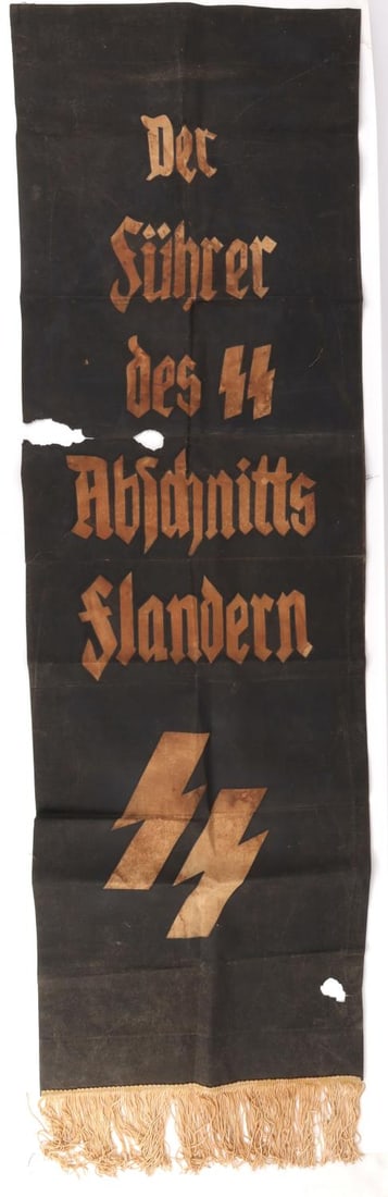 WWII GERMAN REICH WAFFEN SS FLANDERS BANNER FLAG: Measures 59.5 X 18.25 inches. Rips and holes throughout. Worn, but does not fluoresce.