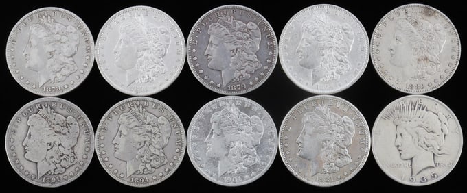 MORGAN PEACE SILVER DOLLAR LOT OF 10 MIXED