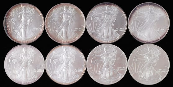 LOT OF 8 1 OZ AMERICAN SILVER EAGLE $1 COINS