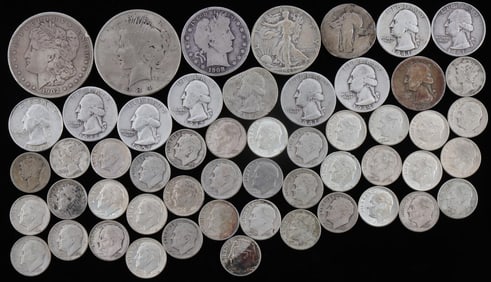 $9.65 FACE VALUE SILVER 90% MORGAN BARBER COIN LOT