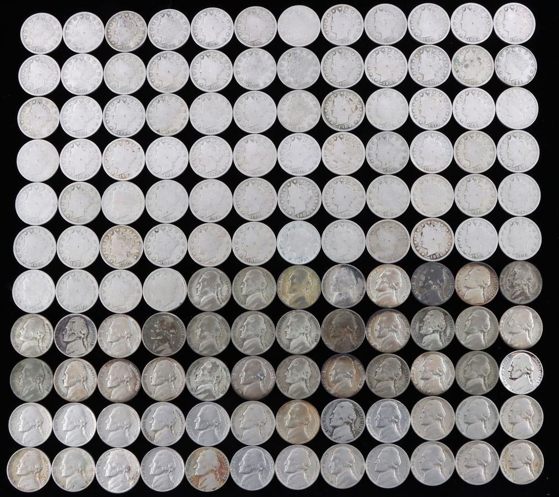 LIBERTY V JEFFERSON SILVER NICKEL LOT OF 130: Lot includes 76 Liberty V nickels from 1883-1912, including 2 1883 NC with Full LIBERTY. Also included are 32 Jefferson silver war nickels from 1942-1945, and 24 early and better Jefferson nickels, da