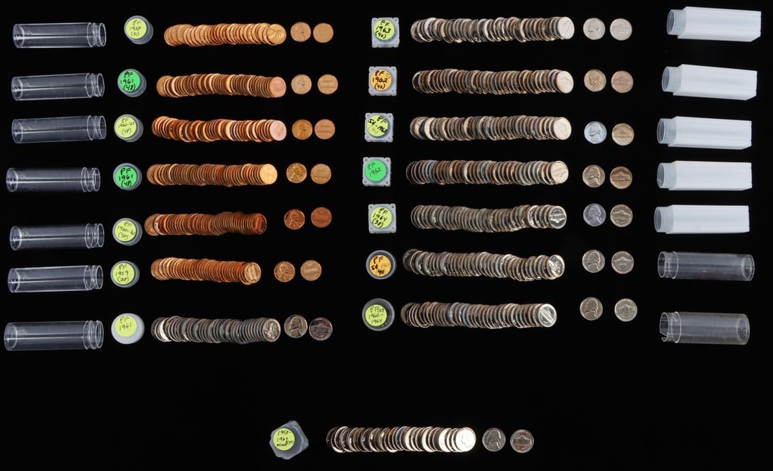 LINCOLN CENT JEFFERSON NICKEL PROOF LOT OF 600: Lot includes rolls of Lincoln proof cents from 1958-1964 with 1958 wheat proof cents (31), 1959 (38), 1961 (96) and 2 mixed rolls of 1960-1964; about 250 total proof cents. Also, Jefferson proof nicke