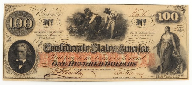 1864 $100 T-41 CONFEDERATE UNCIRCULATED BANK NOTE