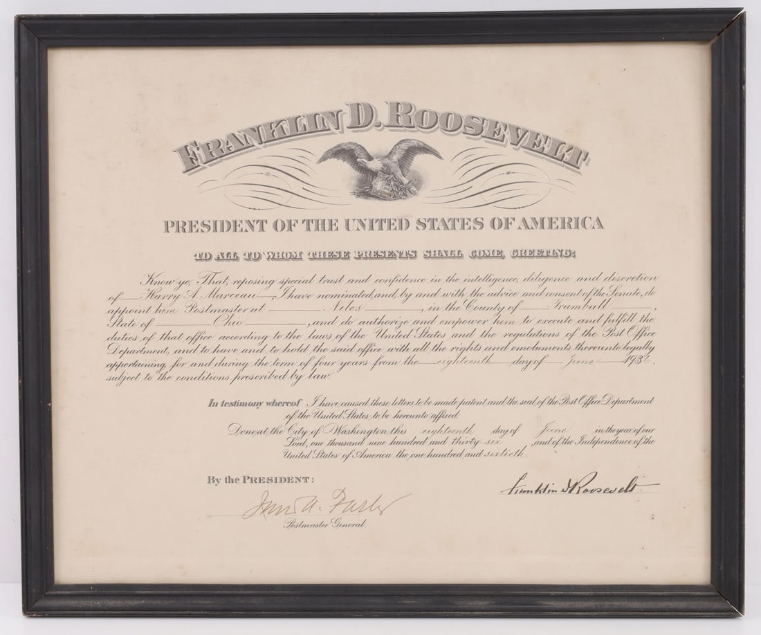 FDR PRESIDENT ROOSEVELT SIGNED POSTAL APPOINTMENT: Original 1936 appointment document with signature of President Franklin Delano Roosevelt. Names Harry Marceau postmaster for Niles, Ohio. Countersigned by Postmaster General James Aloysius Farley. Emb