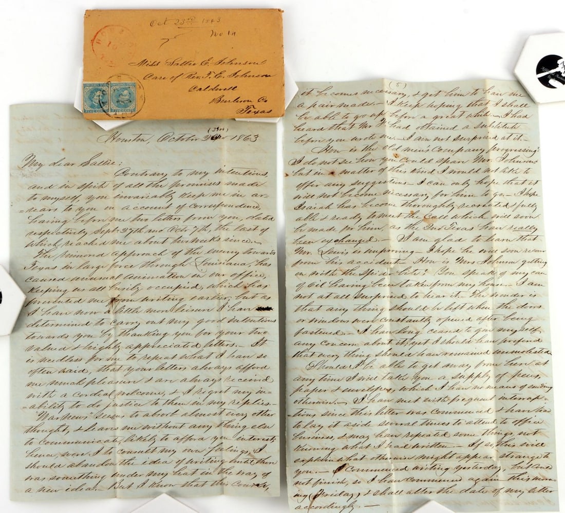 CONFEDERATE TEXAS 2ND LETTER & COVER: An incredible letter written by G.S. Sherman 2nd Texas in Houston Cover Dated October 23rd 1863 No.1, to his future Wife Sallie Johnson in Burleson ,Texas he talks about the Advancing enemy coming fro