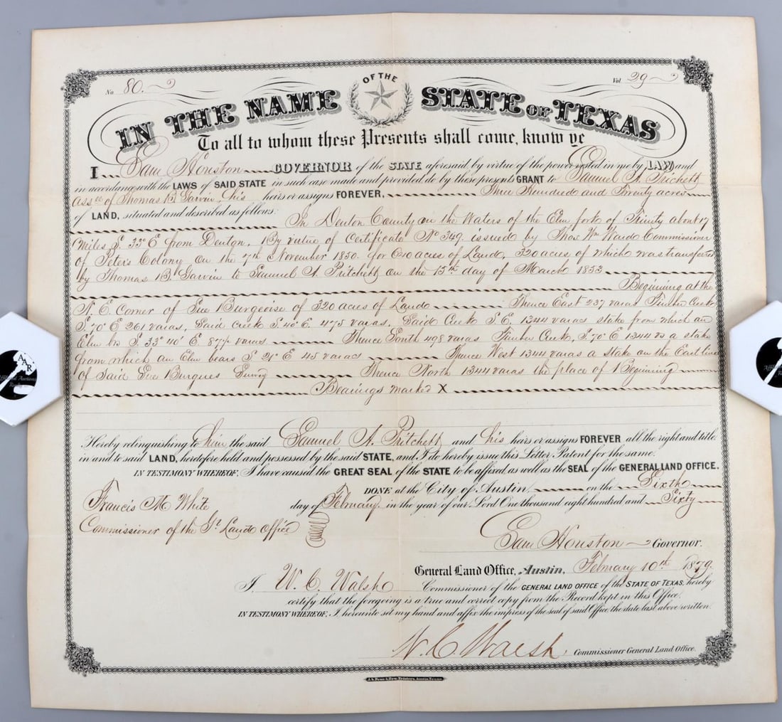 SAM HOUSTON GOVERNOR SAMUEL PRITCHETT TEXAS RANGER: Believed a Sam Houston as Governor clerk signed , Peters Colony 1853 Texas Land Grant issued to Texas Ranger Samuel Pritchett, 320 acres. Certified Copy in 1879. Completely legible, very good original