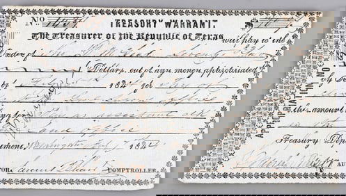 REPUBLIC OF TEXAS TREASURY WARRANT 1844