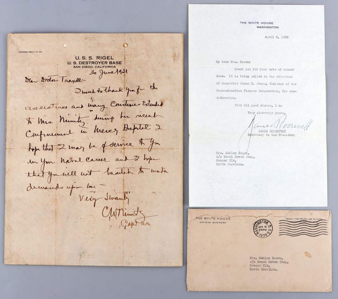 JAMES ROOSEVELT & CHESTER NIMITZ SIGNED LETTERS: 1931 Nimitz as Captain thanking good treatment for his wife. And Son of FDR James. Each deemed authentic according to terms.