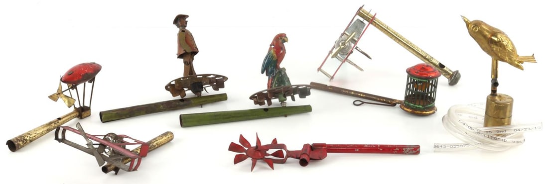 ANTIQUE WHIRLY GIG TOY LOT OF 8: Most appear complete, the airplane might be missing a tail, about 5 X 4 inches on average.