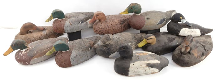 LOT OF 11 WOOD & CORK DECOY HUNTING DUCKS
