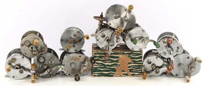 LOT 11 VINTAGE CASTING FISHING REELS PFLUEGER ETC