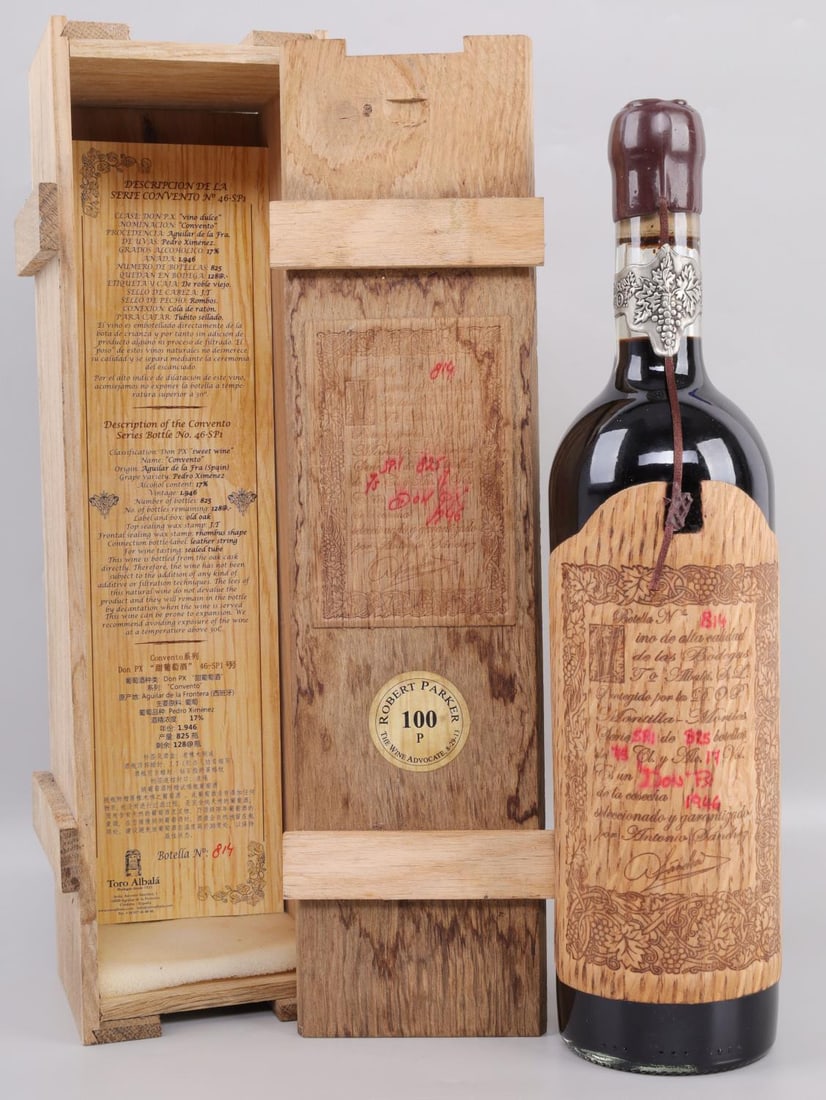 100 P TORO ALBALA MONTILLA MORILES DON PX 1946: Numbered wooden box and bottle. High fill ullage. Possible seepage. Sold "as photographed". 750ml. BTX9 333391