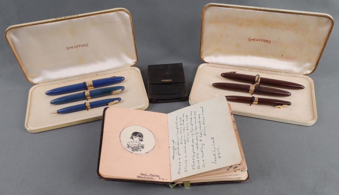 1923 POEM & DRAWING ALBUM SHEAFFER PENS: Includes 1923 poem and drawing album, 2 boxes of Sheaffer pens, and a seal Skin With 14 KT tab cigarette case.