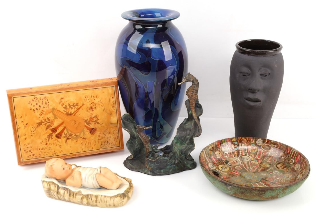 EICHOLT FONTAINE VASE REUGE MUSIC BOX HUMMEL BABY: Eicholt signed vase stands 10 inches, FONTAINE base face vase stands 8 inches, music box is 8 x 3 x 5 1/2, sea horse bronze, missing whatever was in center 6 x 7 inches, Hummel baby 6 1/2 inches, worl