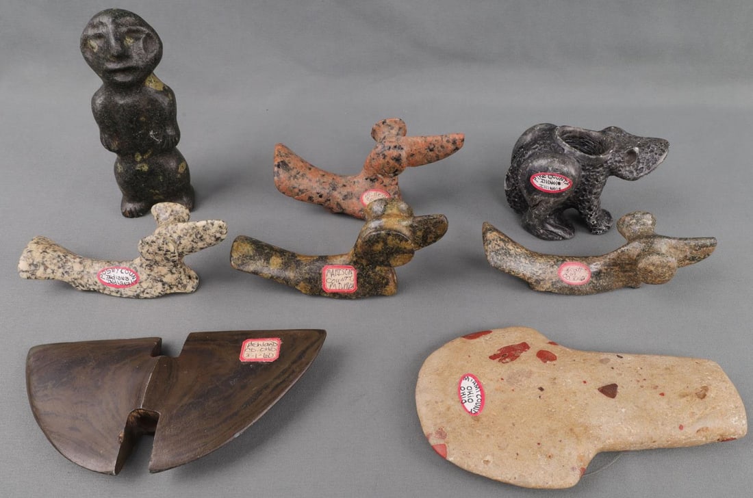 8 INDIGENOUS TRIBE ARTIFACTS BIRDSTONE EFFIGY AXE: Good variety from various locations. Measure 4 - 7 inches. Unauthenticated, sold as is.