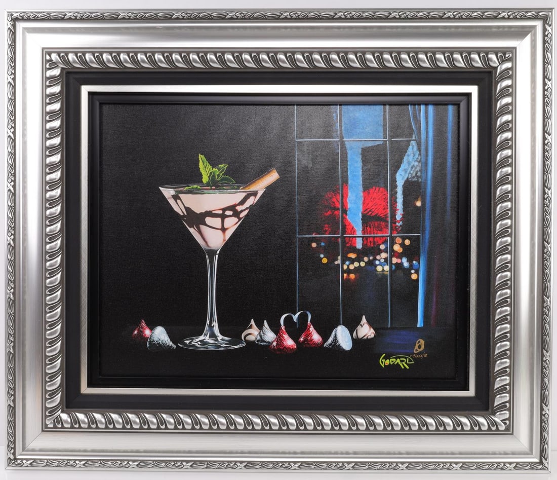 MICHAEL GODARD "KISS ME" SIGNED GICLEE W DOCS: Full color giclee with hand embellishment on canvas. Hand-signed by artist Michael Godard. Print approx. measures 17 X 22 inches (unframed), 28 X 33 inches (framed). Includes Park West Appraisal and C