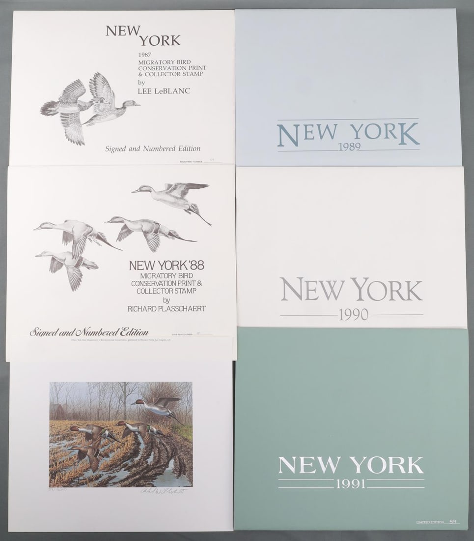 LOT 5 NEW YORK MIGRATORY BIRD PRINT & STAMP SIGNED: Lot of FIVE (5) New York Migratory Bird Conservation Print & Collector Stamp sets dated from 1987-1991. Signed and numbered editions include 1987 Lee LeBlanc (59 of 14040), 1988 Richard Plasschaert (5
