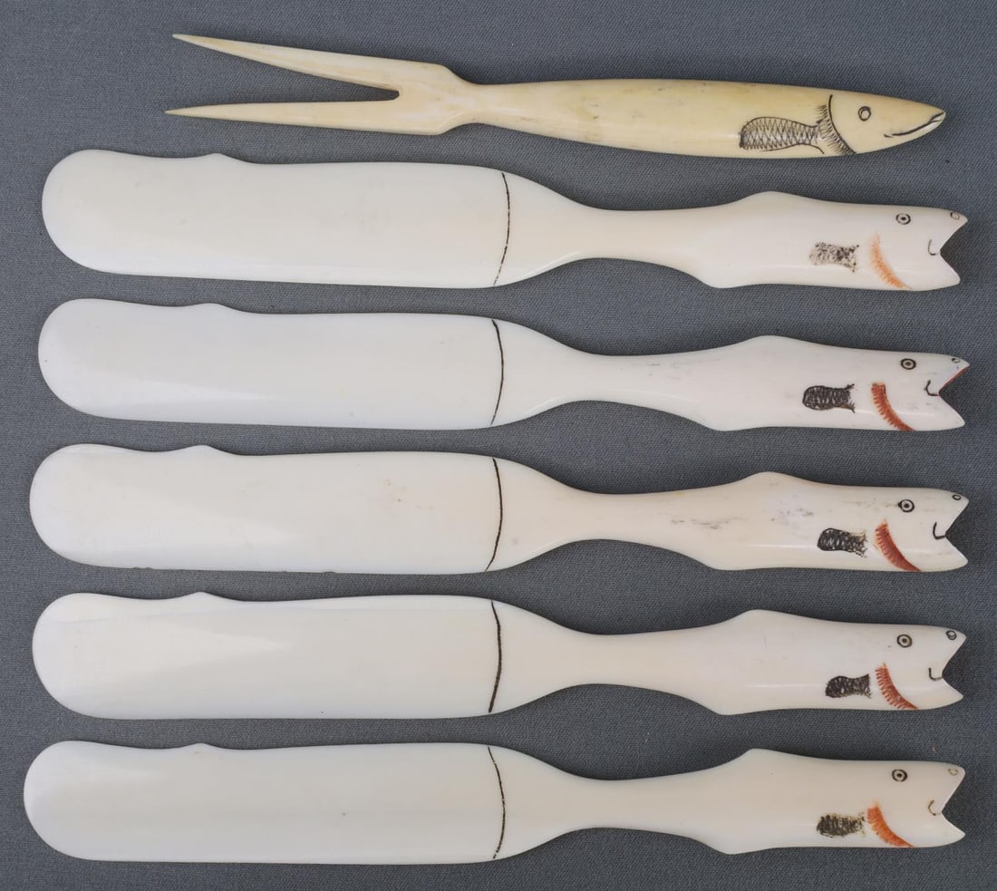 6 ANTIQUE ALASKA NATIVE WALRUS SCRIMSHAW KNIFE: Unsigned Walrus tusk measuring 6 inches. No international sales, know you states law prior to bidding.