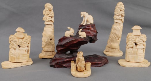 ANTIQUE COLLECTION OF BONE SCULPTURE & FIGURE