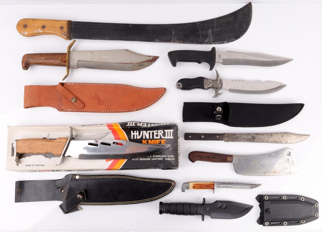 7 VINTAGE LARGE CLEAVER KNIFE & 1 MACHETE LOT: Total of 8. Lot of 7 knives and 1 machete. Includes antique butchers' cleaver (12 inches), antique butchers' knife with upcurved point (14 inches), antique ATCO #18 Japan bone-handled hunting knife (8