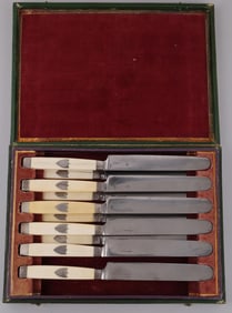 19TH C BONE HANDLE TABLE KNIFE SET OF 10 WITH CASE