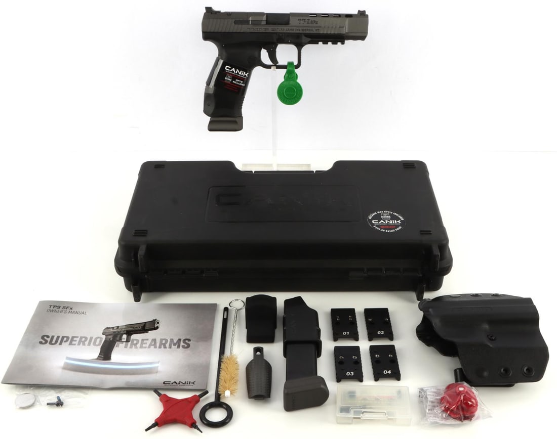 CANIK TP9SFX 9MM SEMI AUTO PISTOL W RED DOT NIB: New in box MPN:HG7166G-N and UPC:787450811720. Includes a holster, cleaning tools, extra grips, a trigger lock, two magazines, a speed loader, a MECANIK M02 OPTIC red dot sight, and lastly an owner's 