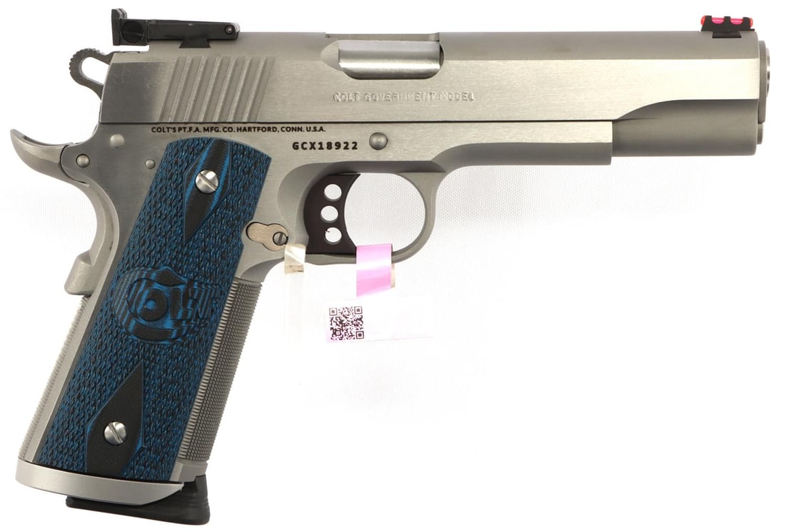 COLT GOVT MODEL GOLD CUP TROPHY .45 ACP CAL PISTOL: Colt Government Model MKIV Series 70. Model #05070XE. Stainless steel finish. 4.75-inch barrel. Fixed fiber optic front sight, adjustable rear sight. Textured G10 grips. Includes one (1) magazine, ori