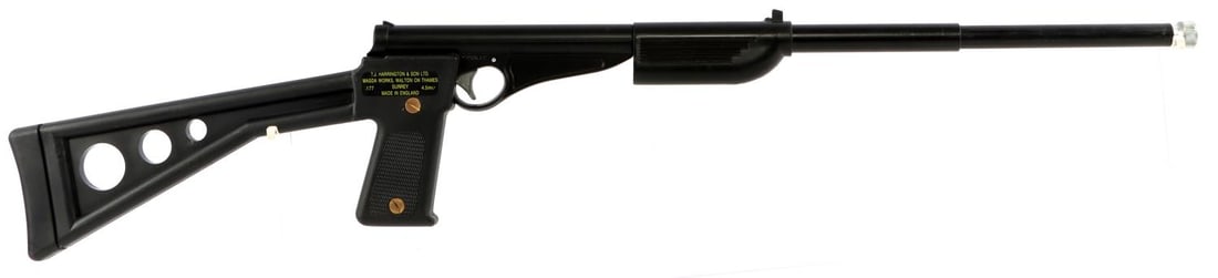 HARRINGTON GAT AIR RIFLE .117 PUSH BARREL: In good condition, mechanically good, functions without issue. Air gun. Non-FFL. No international shipping. Know your state's firearm laws prior to bidding. Caliber: .117 Serial #: NSN