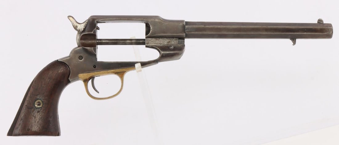 REMINGTON 1858 NEW MODEL PERCUSSION REVOLVER: In good overall condition, missing cylinder and loading lever. Functions without issue. Bore is dark and pitted. Inspector mark "RH" on left grip. Right grip has large break. Non-FFL. No international