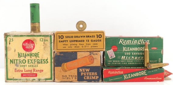 ANTIQUE AMMUNITION 12 10 GAUGE 250 SAVAGE BRASS
