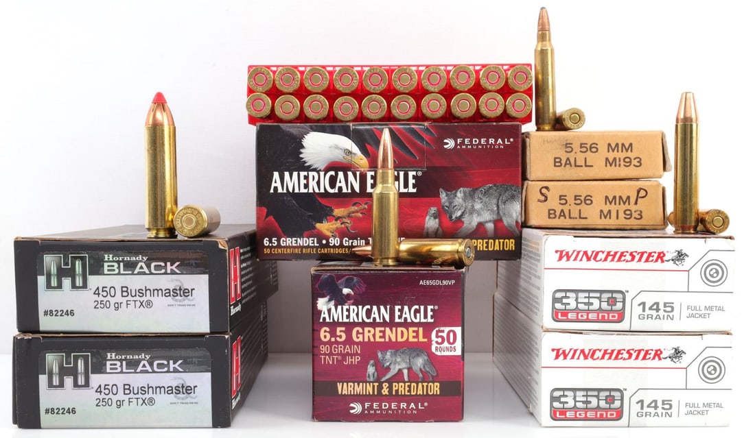 APPROX. 150 ROUNDS OF HUNTING RIFLE AMMUNITION: Approx. one-hundred and fifty (150) rounds of various Hunting ammunition for rifles including Hornady 450 Bushmaster, American Eagle 6.5 Grendel, Winchester 350 Legend. Lot also includes 5.56 Ball M19
