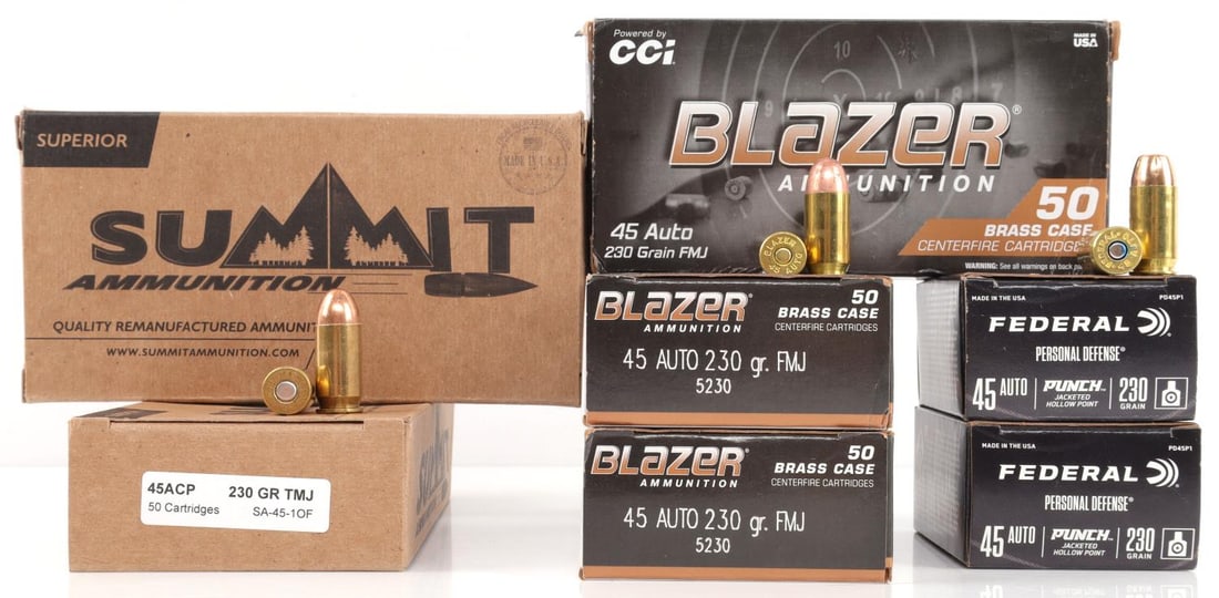 290 ROUNDS OF BLAZER & SUMMIT .45 ACP AMMUNITION: Comes in seven (7) boxes of twenty (20) and fifty (50) round boxes of .45 ACP ammunition. Boxes include one-hundred and fifty (150) rounds of Blazer, 45 Auto, 230 grain, full metal jacket. One-hundred