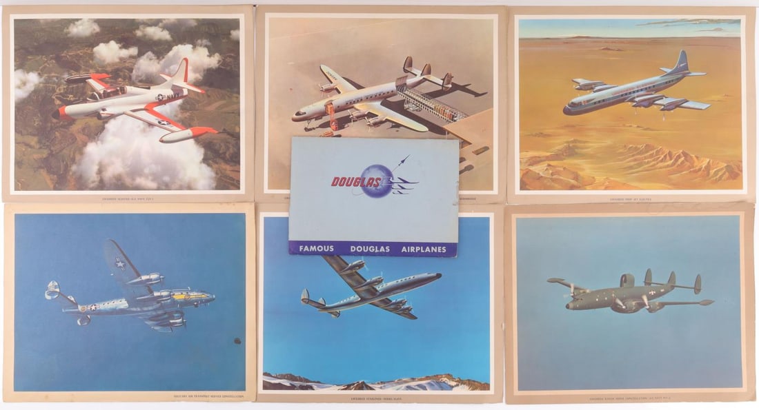 DOUGLAS LOCKHEED AVIATION AIRCRAFT PRINT LOT OF 34: Lot of 34 original aircraft prints with diagrams, specifications and descriptions on reverse. 20th century Douglas and Lockheed aircraft. Includes packet "Famous Douglas Airplanes" with 28 fact sheet 