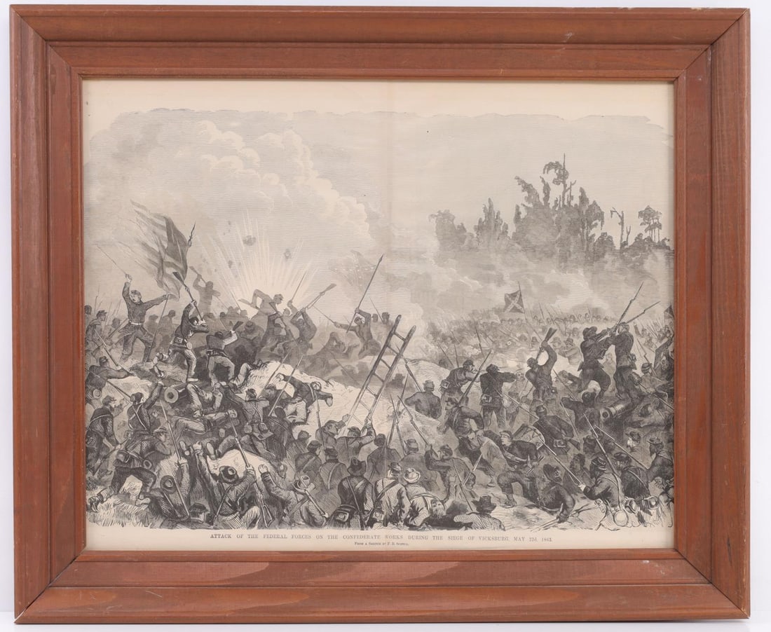 LARGE CIVIL WAR LITHOGRAPH SEIGE OF VICKSBURG: Framed 19th century lithograph showing the Confederates besieged at Vicksburg. Good condition, light crease down the center. 19.5X23.5 inches framed.