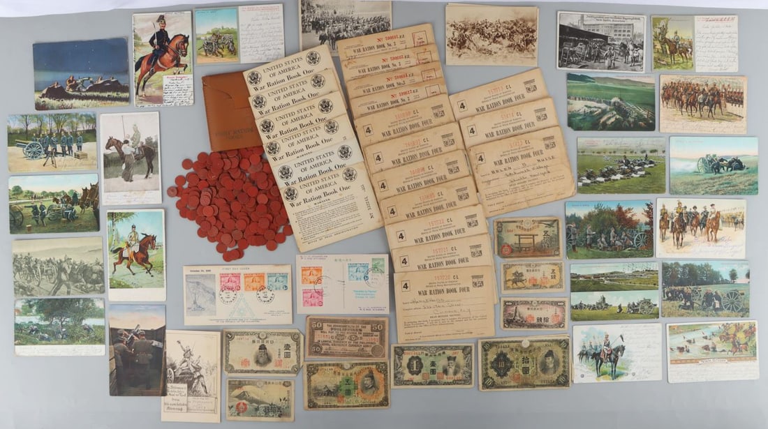 WWII JAPAN GERMANY U.S. EPHEMERA: Japanese invasion notes, U.S. ration books and tax coins, 27 different German military postcards
