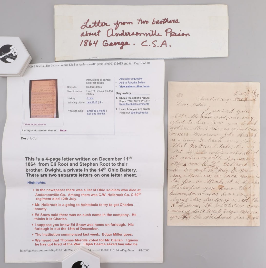 CIVIL WAR LETTER BROTHER TO BROTHER ANDERSONVILLE: 4-page letter written on December 1, 1864, from Eli Root and Stephen Root, written to their brother Dwight a private in the 14th Ohio, two separate letters on one page, mentions losses at Andersonvill