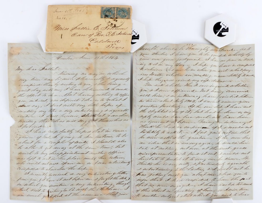CONFEDERATE TEXAS COVER & LETTER: June 21st 1863 No. 10 upper left of cover with Confederate stamps, addressed to Miss Sallie E. Johnson Caldwell Texas. Long comprehensive letter from her Betrothed S.G. Sherman serving in San Antonio,