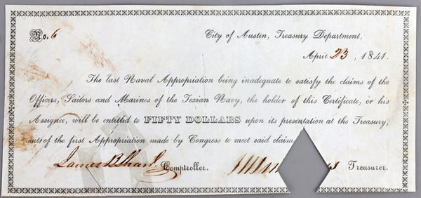 REPUBLIC OF TEXAS NAVAL APPROPRIATION 1841 NO 6
