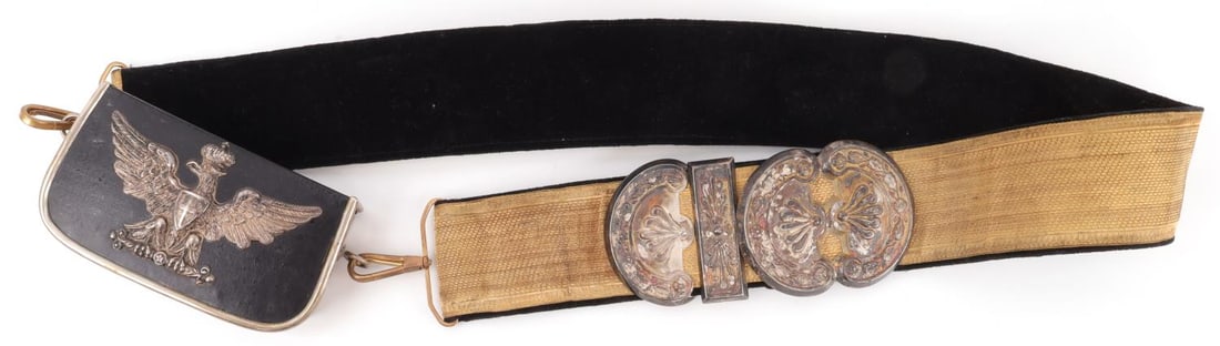 ITALIAN CAVALRY OFFICER BANDOLIER GRAND UNIFORM: Pre-WWII Italian Calvary Officer's Bandolier Grand Uniform gold gilt belt and pouch. Belt features gold bullion with silver attachments of an eagle chained to arrows in a shield. Belt also features a 