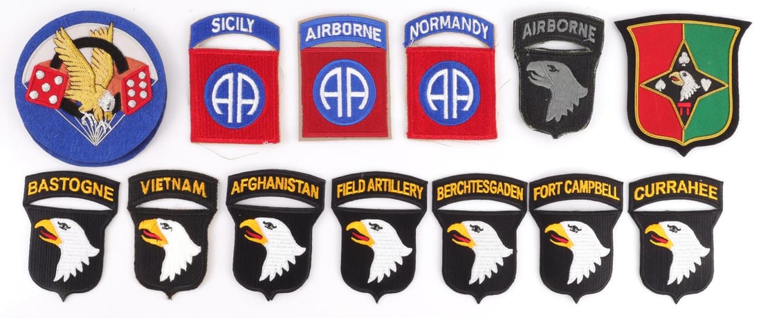 LOT OF 15 US AIRBORNE PATCHES WWII & POST WAR: Lot of 15 US Airborne shoulder patches. 3 Shoulder patches 82nd Airborne Division, 1 Airborne, Sicily and Normandy. 2 WWII US Army Airborne 506th Parachute Infantry patches. 9 US Army 101st Airborne D