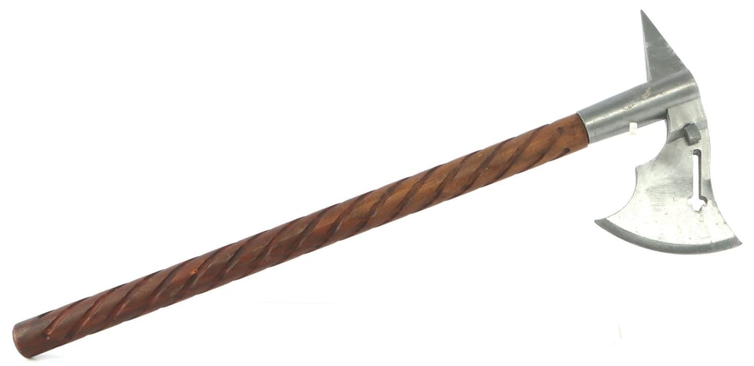 FANTASY VIKING BEARDED BATTLE AXE SPIRAL CARVED: Metal axe head and wood handle carved with spiral grooves. Good condition. Handle 23 inches. Head 8.5 inches from edge to spike tip.