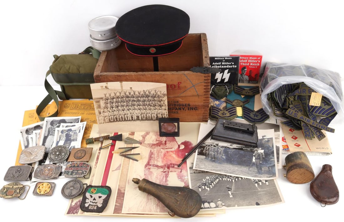 WWI WWII VIETNAM MILITARY COLLECTIBLES US GERMAN: Ephemera, Head gear, Third Reich Insignia, Vietnam patches, belt buckles, and much more, as photographed and sold as is.