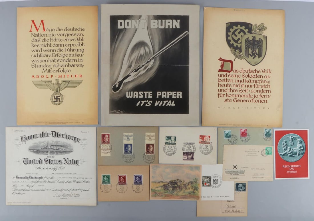 WWII GERMAN & U.S DOCUMENTS POSTER STAMPS: Some scarce original U.S. and German posters, post cards with Hitler stamps and more.