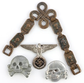 4 WWII GERMAN REICH TOTENKOPF & EAGLE CAP BADGES