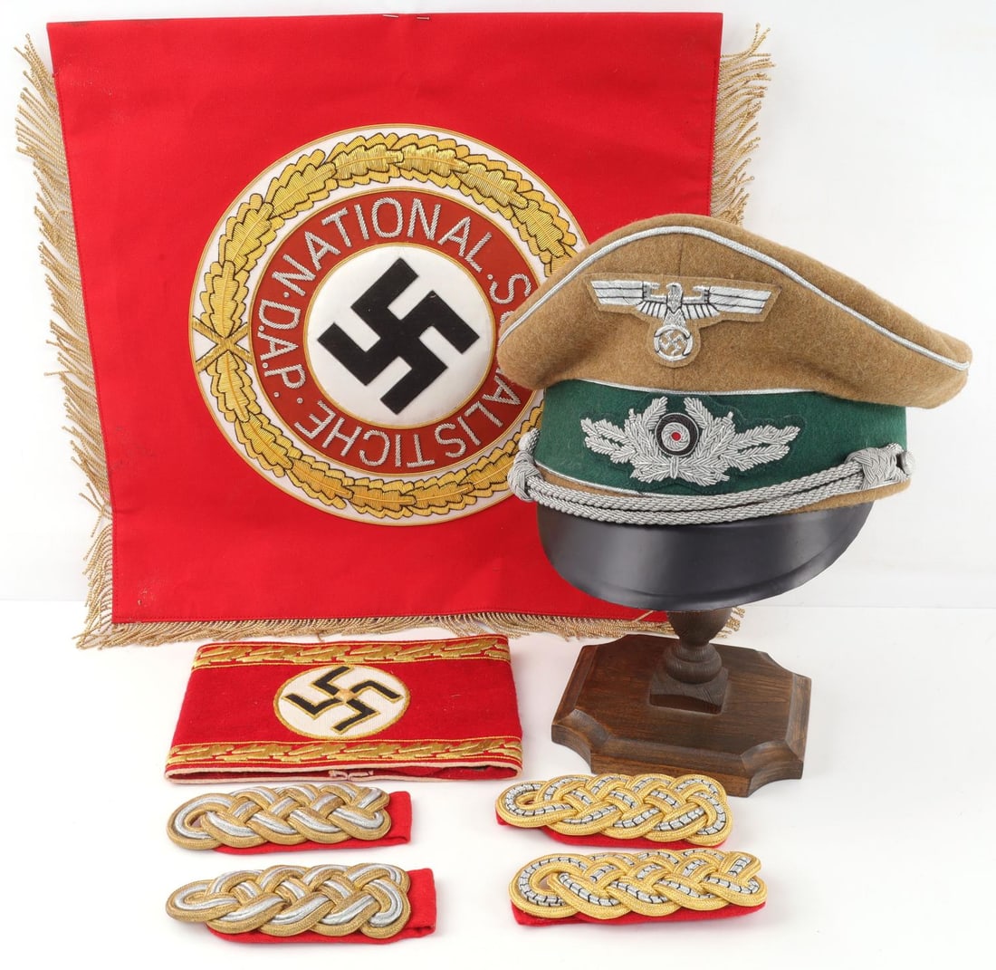 WWII GERMAN THIRD REICH VISOR BANNER ARMBAND: Banner measures 15 X 15 inches , visor is a wearable U.S. size 7 1/4, all items are post war productions.