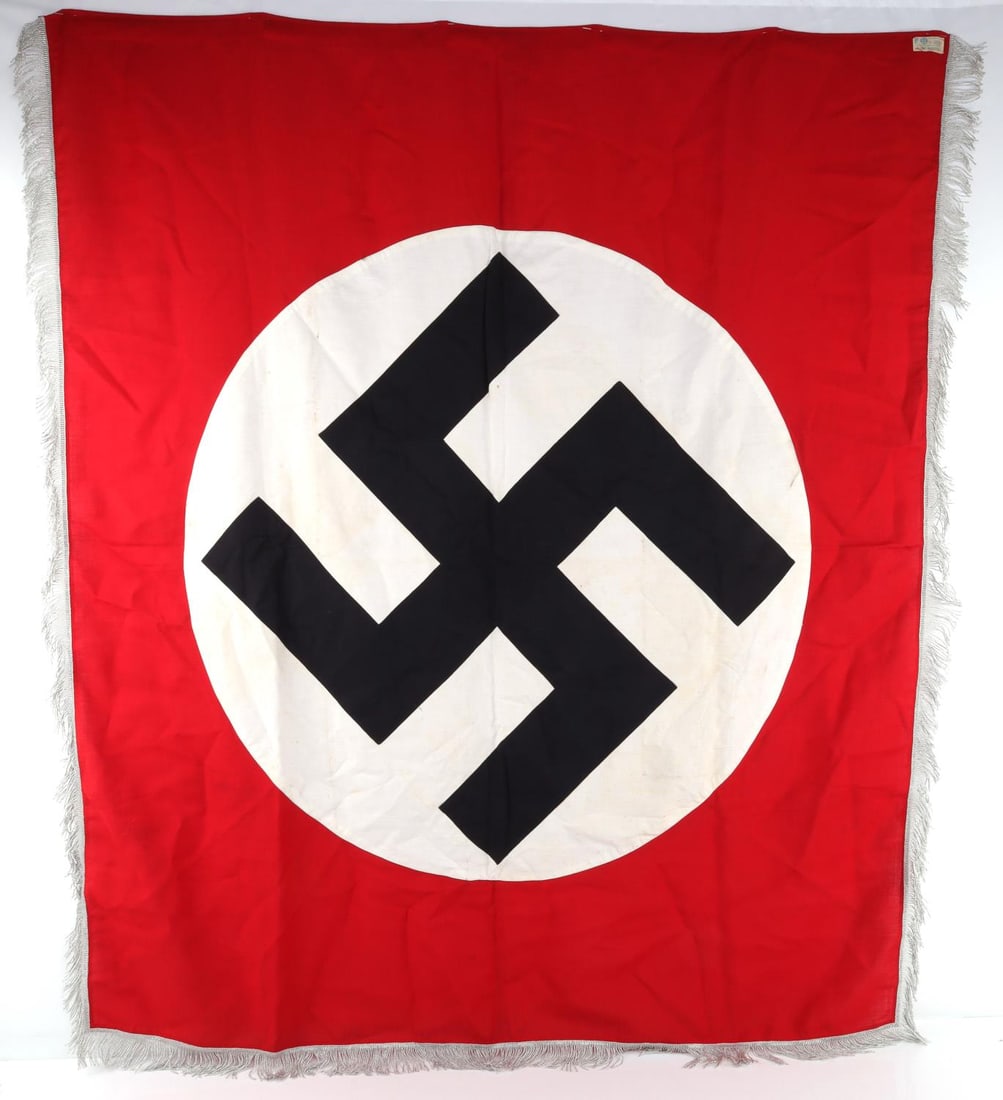 WWII GERMAN NSDAP FRINGED BANNER FLAG 54 X 46 INCH: Very good clean original condition, sewn RZM tag, free of detractions, multi-piece, dual sided.