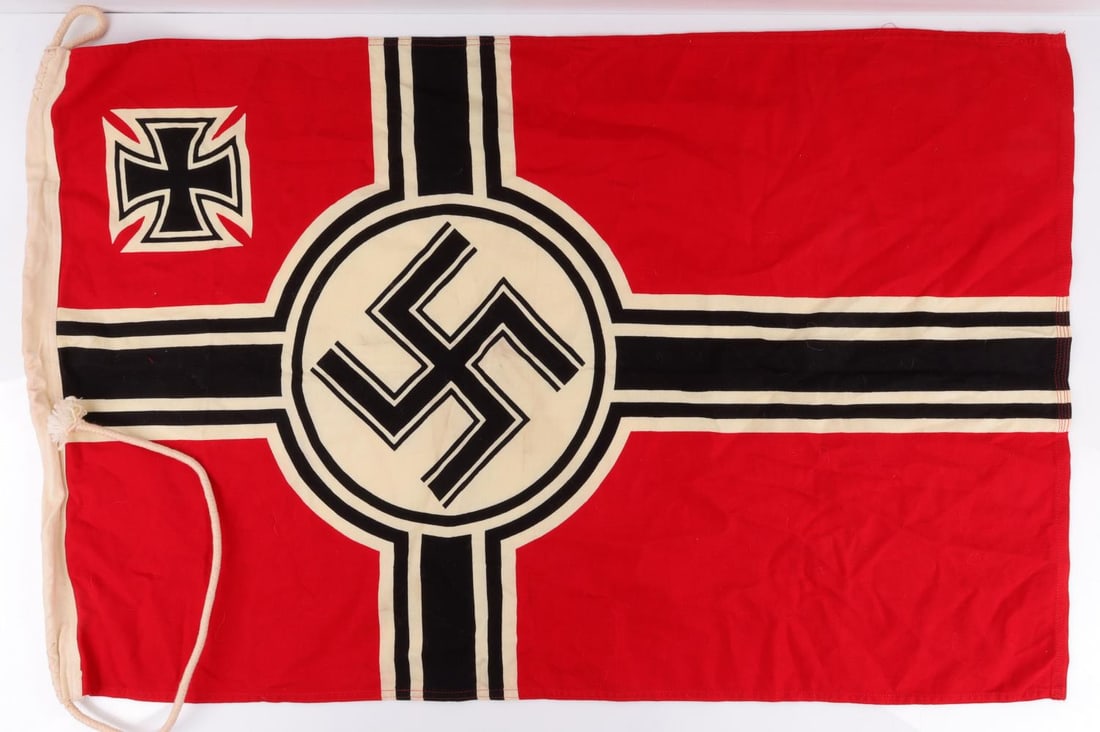 WWII GERMAN THIRD REICH KRIEGSMARINE BATTLE FLAG: Very good original condition, measures 60 X 90 cm. stamped at hoist, double stitched single piece.