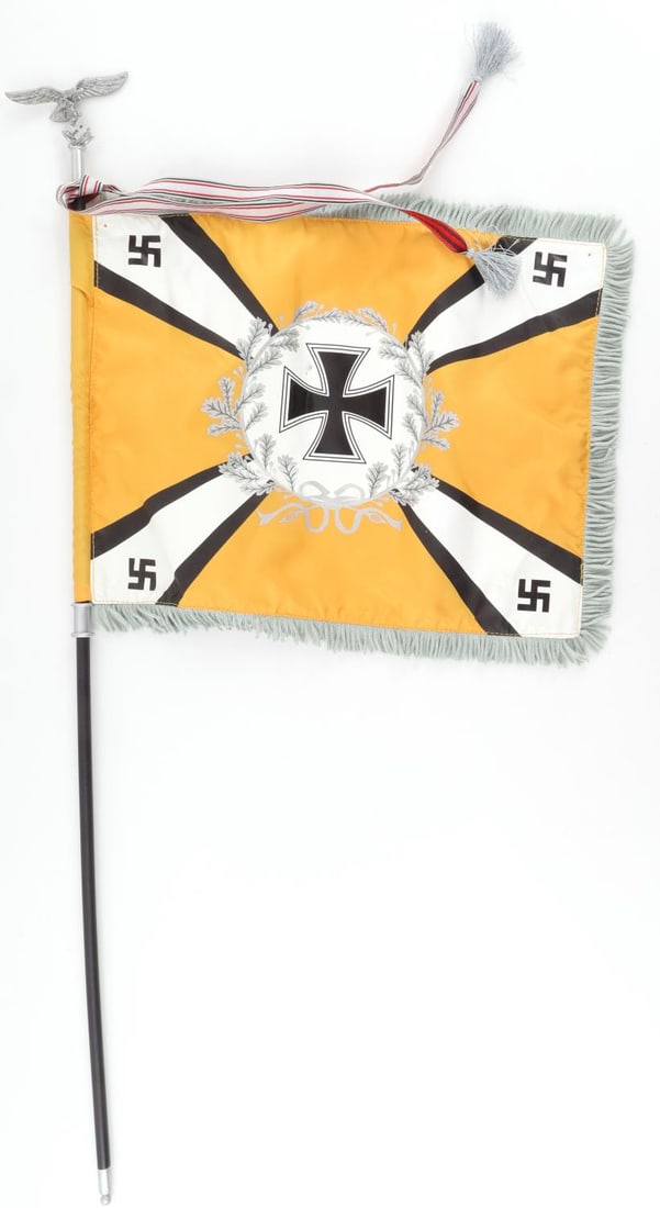 WWII GERMAN REICH LUFTWAFFE FLIGHT MINIATURE FLAG: WWII German Reich Luftwaffe Regimental Flyer's Unit miniature flag. Features miniature pole with Luftwaffe eagle topper, red ribbons, grey fringe, Luftwaffe Eagle on one side and Iron cross to the oth
