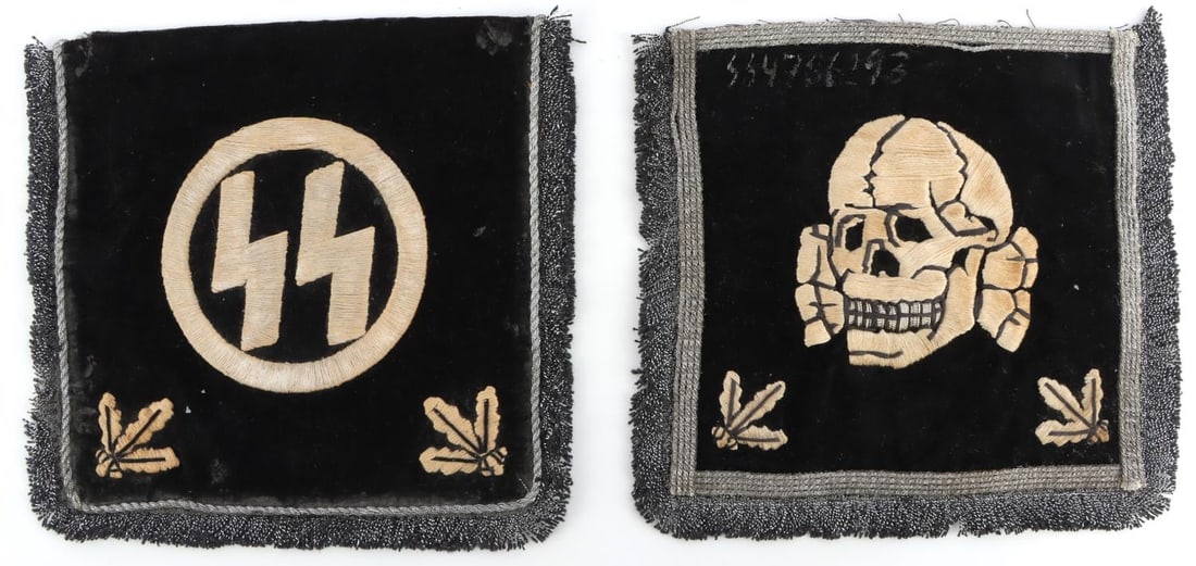 WWII GERMAN REICH REICH WAFFEN SS FLAGS: Both flags measure 8 1/8 inches tall by 8 5/8 inches wide. Neither fluoresce. Unauthenticated, sold as is.
